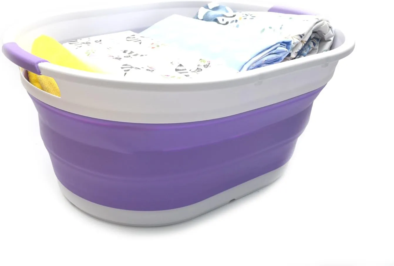 SAMMART Set of 2-39L(10.3 gallon) Collapsible Plastic Laundry Basket-Pop Up Storage Container-Portable Washing Tub-Space Saving Hamper/Basket, Water capacity:30L(7.9 gallon) (2 Oval, Lt. Purple)