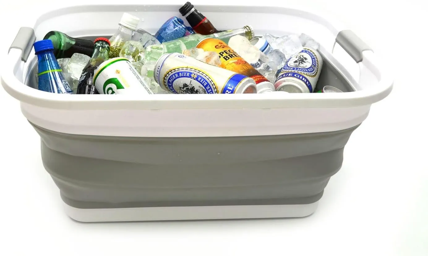 SAMMART Set of 2-41L(10.8 Gallon) Collapsible Plastic Laundry Basket-Pop Up Storage Container-Portable Washing Tub-Space Saving Hamper/Basket, Water Capacity:32L(8.4 Gallon) (2 Rectangular, Grey)