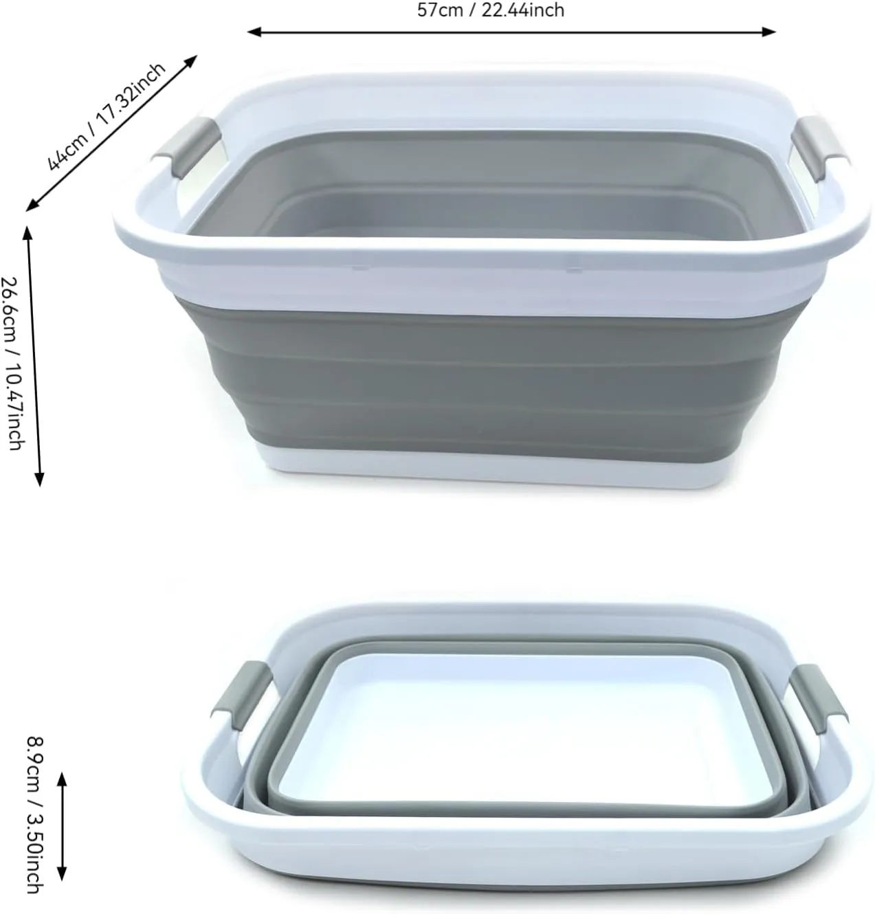 SAMMART Set of 2-41L(10.8 Gallon) Collapsible Plastic Laundry Basket-Pop Up Storage Container-Portable Washing Tub-Space Saving Hamper/Basket, Water Capacity:32L(8.4 Gallon) (2 Rectangular, Grey)