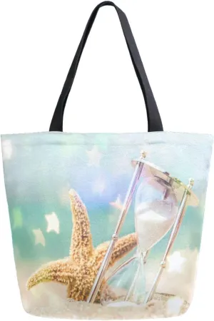 Sandy Beach Seastar Canvas Tote Bag Hourglass Starfish Women Shoulder Bag Reusable Grocery Bags Large Handbag Travel Shopping Bag for School Nursing Gift Outdoors