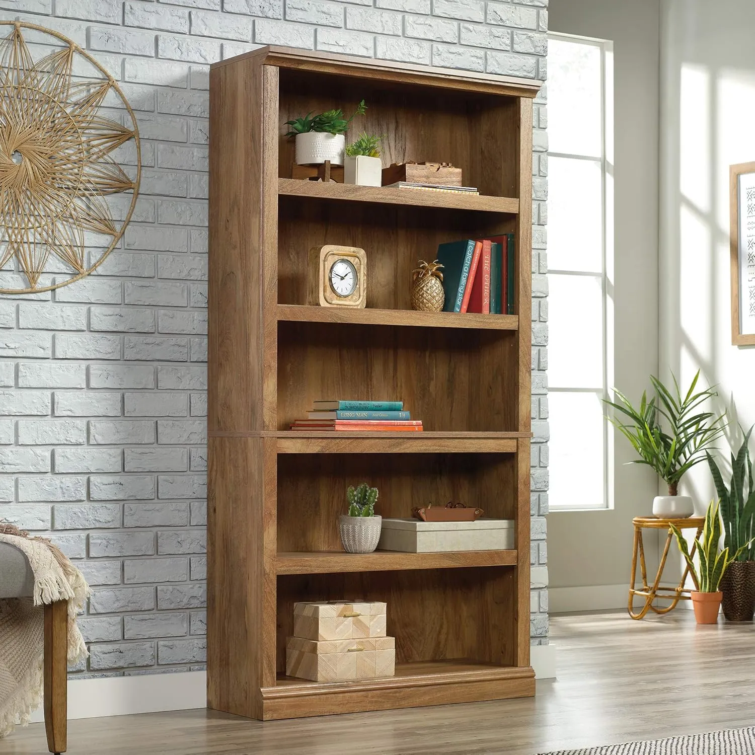 Sauder 5 Tier Book Shelf Wooden Bookcase Multipurpose Bookshelf for Home Office, Living Room, in Sindoori Mango