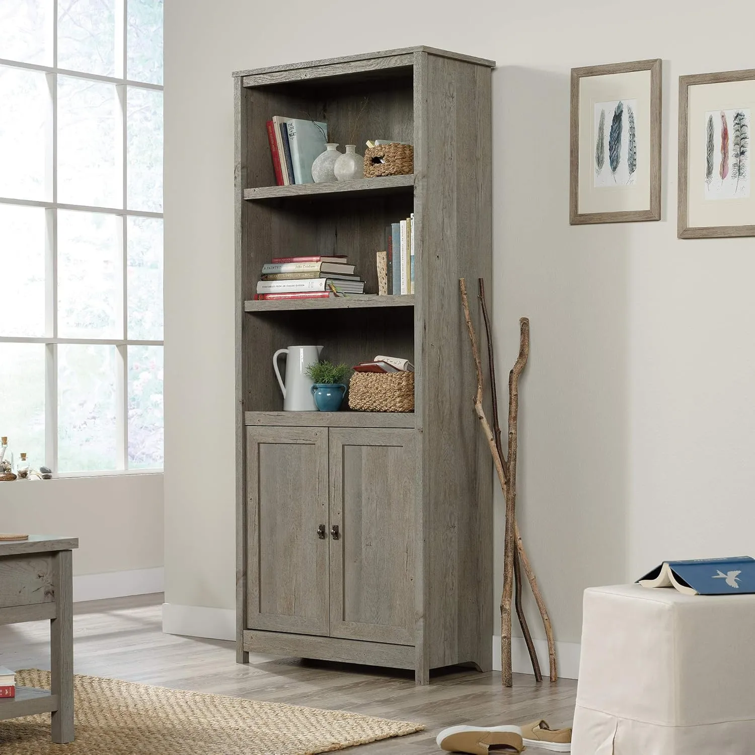 Sauder Cottage Road Book Shelf, Bookshelf with Storage, Library Bookcase with Doors and Adjustable Shelves, in Mystic Oak Finish