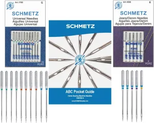 SCHMETZ Jean/Denim and Universal Sewing Machine Needle Combo Pack (15 Needles Total and 1 SCHMETZ ABC Pocket Guide)