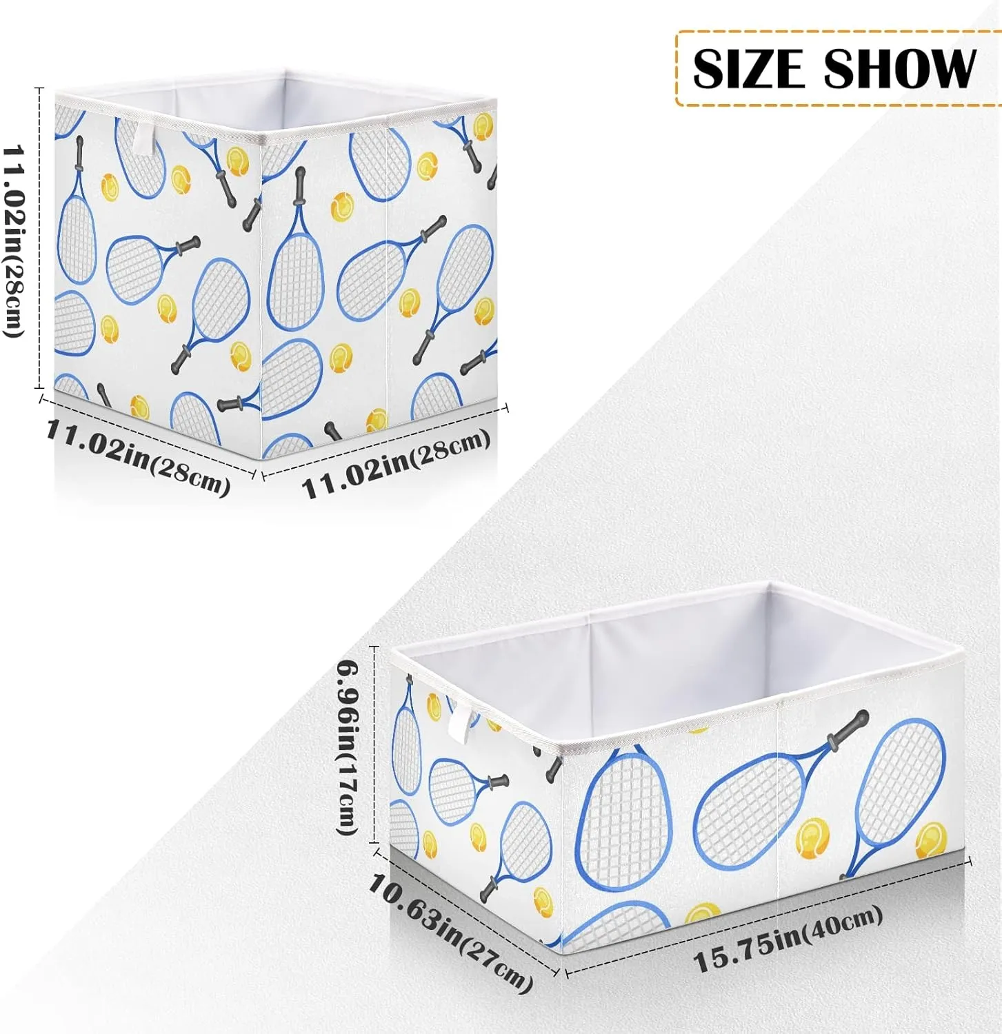 Seamless Blue Tennis Rackets and Yellow Balls On White Square Foldable Cube Storage Basket Collapsible Fabric with Handles Bag Organizer Clothes for Home Bedroom 11 x 11 x 11 in