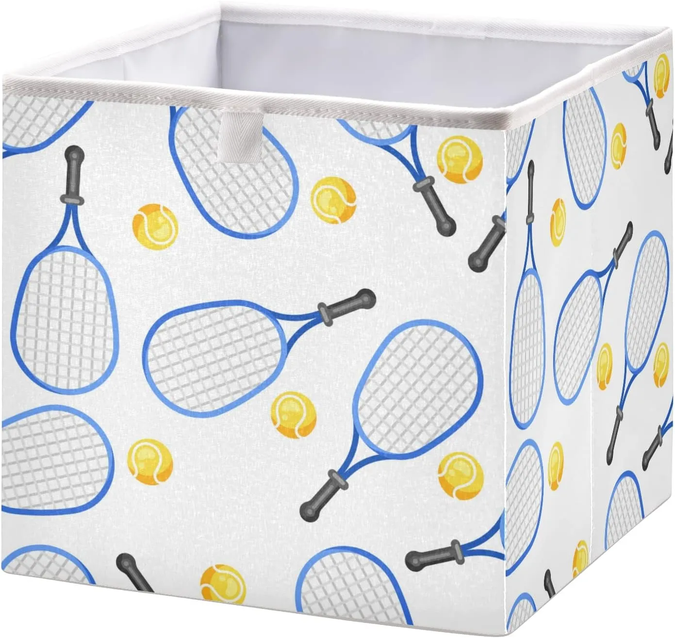 Seamless Blue Tennis Rackets and Yellow Balls On White Square Foldable Cube Storage Basket Collapsible Fabric with Handles Bag Organizer Clothes for Home Bedroom 11 x 11 x 11 in