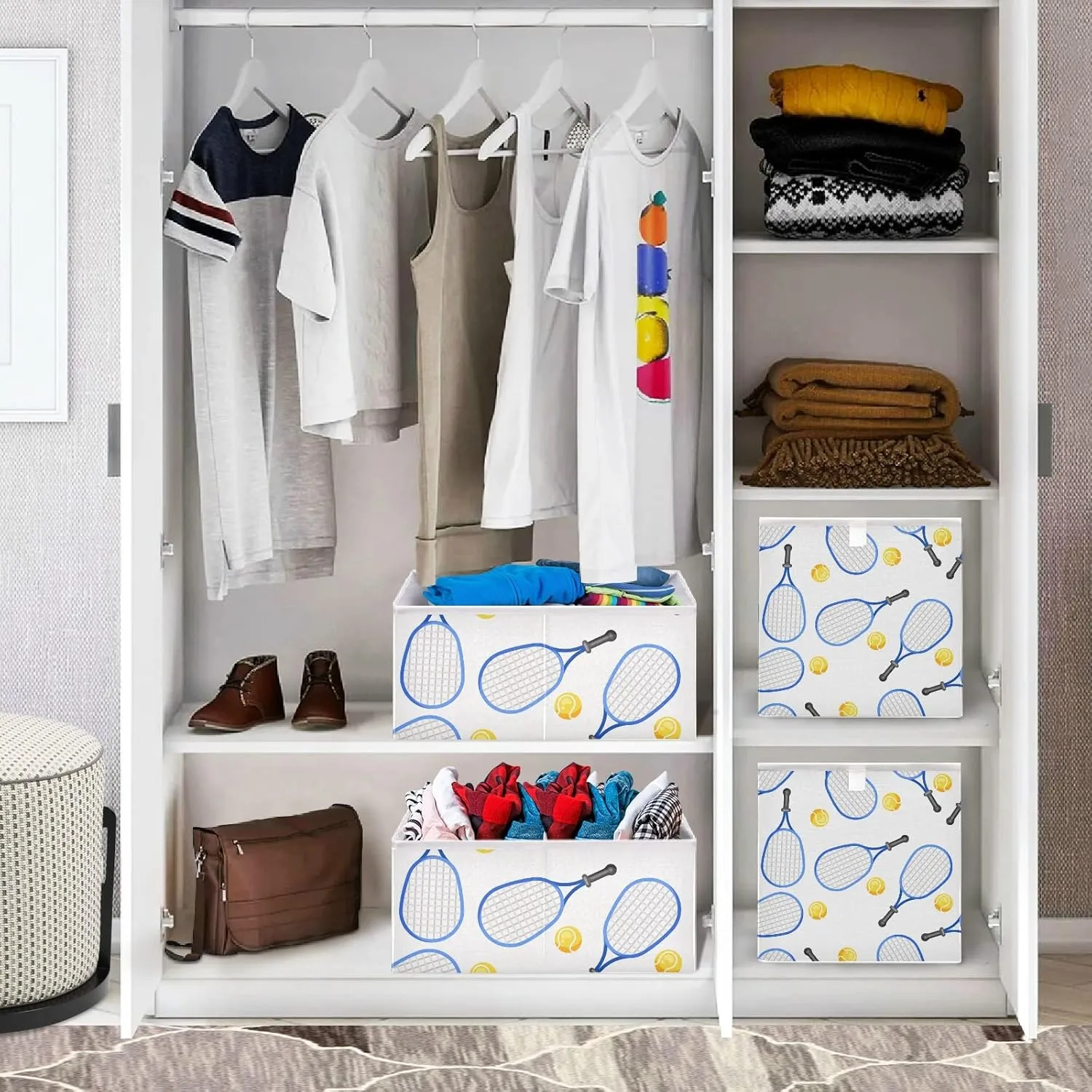 Seamless Blue Tennis Rackets and Yellow Balls On White Square Foldable Cube Storage Basket Collapsible Fabric with Handles Bag Organizer Clothes for Home Bedroom 11 x 11 x 11 in
