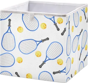 Seamless Blue Tennis Rackets and Yellow Balls On White Square Foldable Cube Storage Basket Collapsible Fabric with Handles Bag Organizer Clothes for Home Bedroom 11 x 11 x 11 in