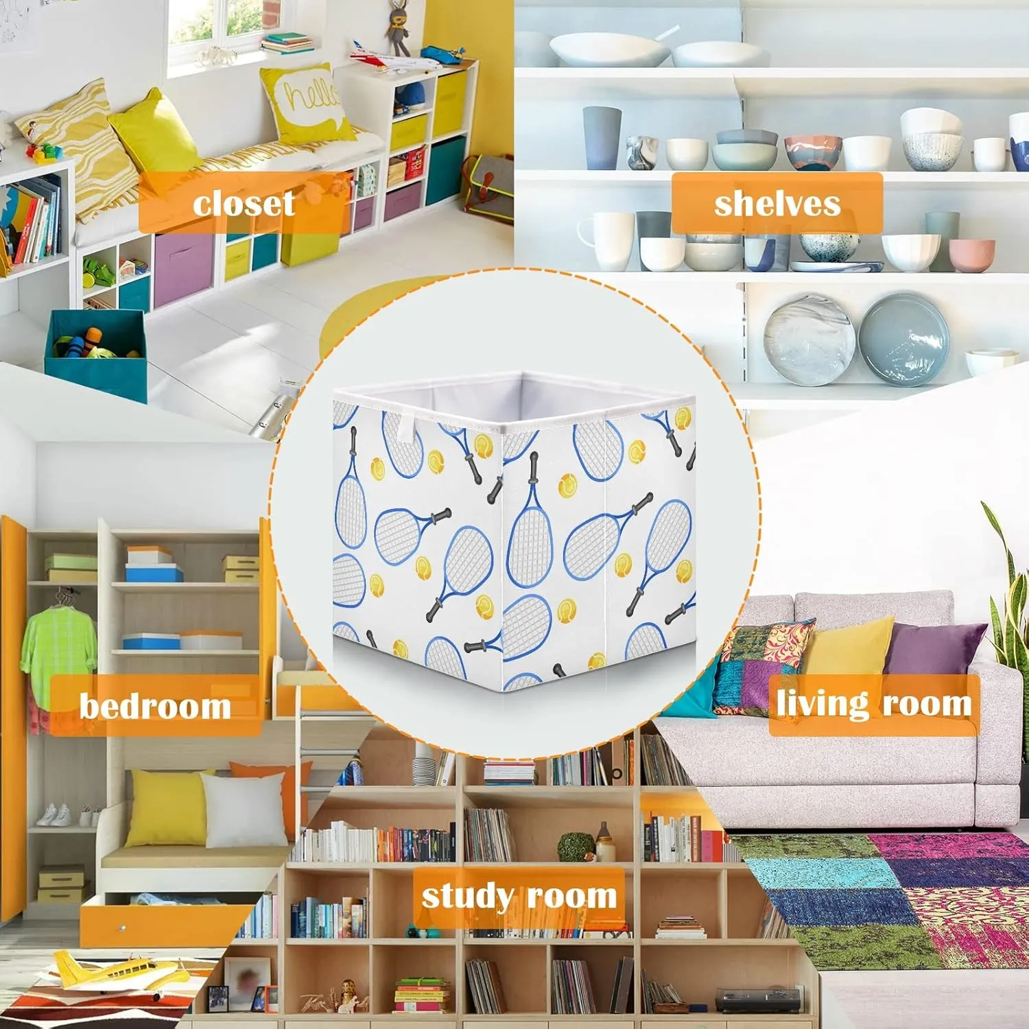 Seamless Blue Tennis Rackets and Yellow Balls On White Square Foldable Cube Storage Basket Collapsible Fabric with Handles Bag Organizer Clothes for Home Bedroom 11 x 11 x 11 in