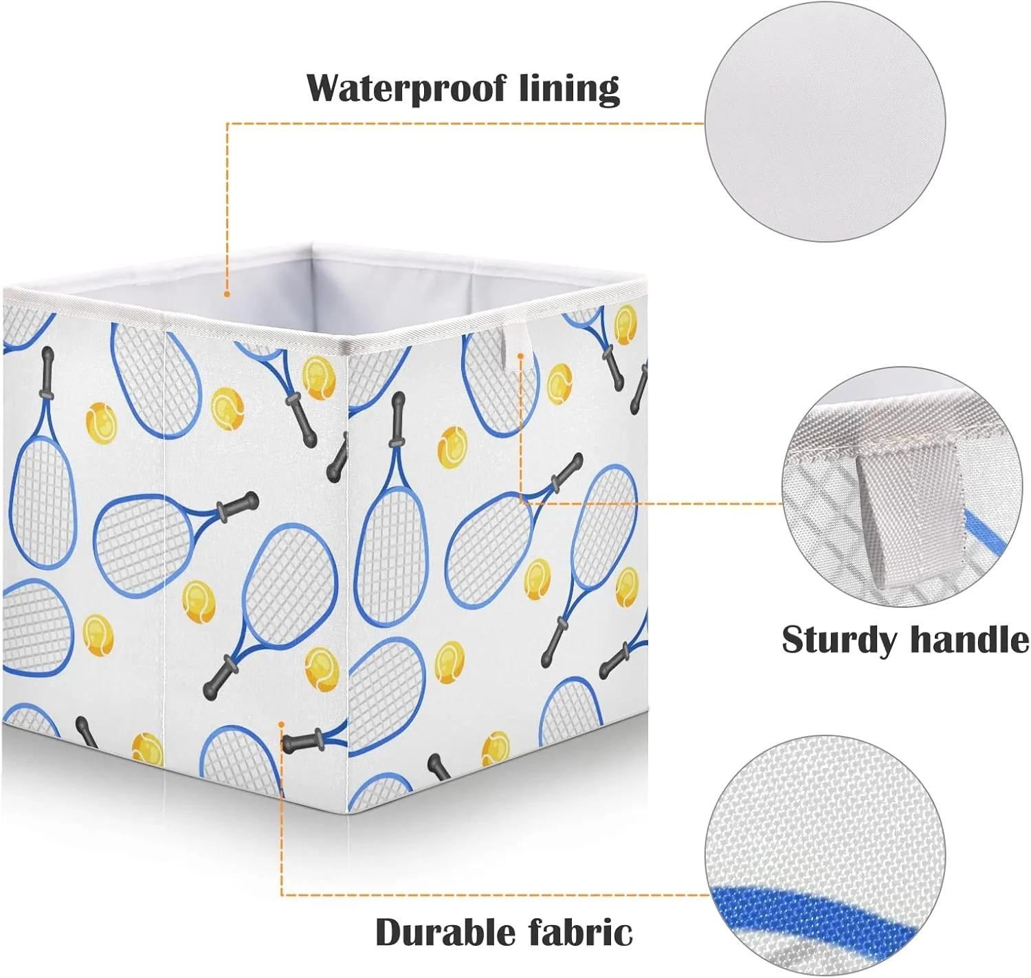 Seamless Blue Tennis Rackets and Yellow Balls On White Square Foldable Cube Storage Basket Collapsible Fabric with Handles Bag Organizer Clothes for Home Bedroom 11 x 11 x 11 in