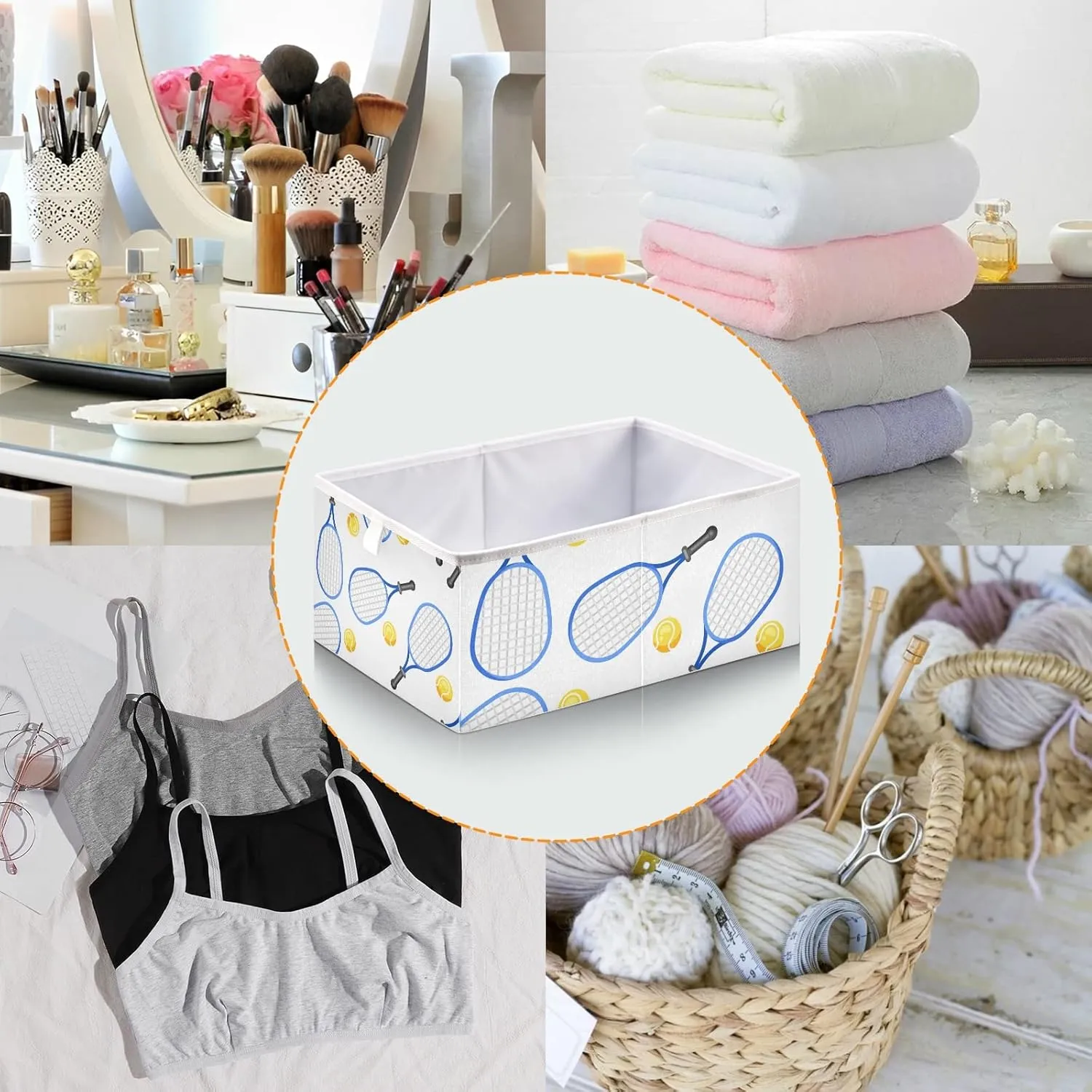 Seamless Blue Tennis Rackets and Yellow Balls On White Square Foldable Cube Storage Basket Collapsible Fabric with Handles Bag Organizer Clothes for Home Bedroom 11 x 11 x 11 in