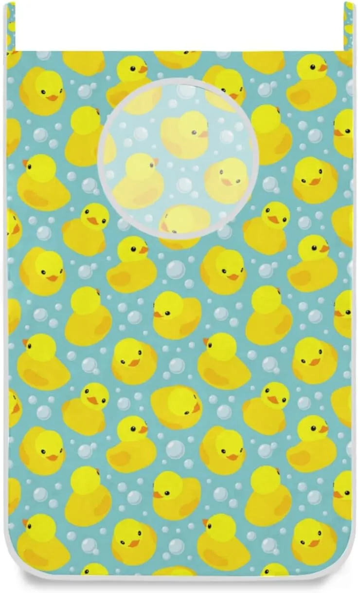 Seamless Pattern with Yellow Rubber Ducks Bubbles Hanging Laundry Hamper Bag, Dirty Clothes Bag over the Door, Wall Cloth Basket with Hooks Storage Closet for Bathroom Bedroom