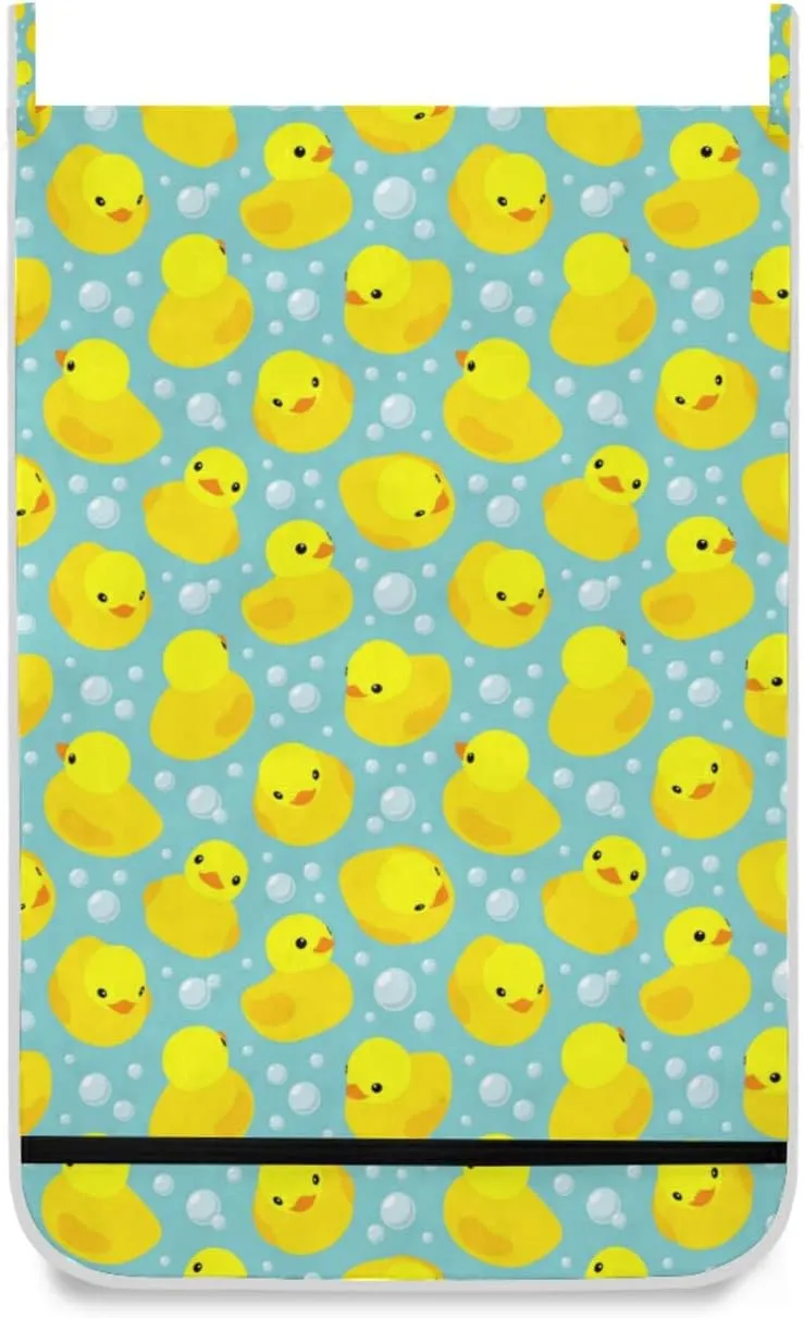 Seamless Pattern with Yellow Rubber Ducks Bubbles Hanging Laundry Hamper Bag, Dirty Clothes Bag over the Door, Wall Cloth Basket with Hooks Storage Closet for Bathroom Bedroom