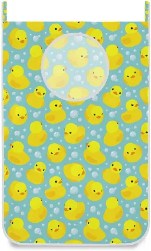 Seamless Pattern with Yellow Rubber Ducks Bubbles Hanging Laundry Hamper Bag, Dirty Clothes Bag over the Door, Wall Cloth Basket with Hooks Storage Closet for Bathroom Bedroom