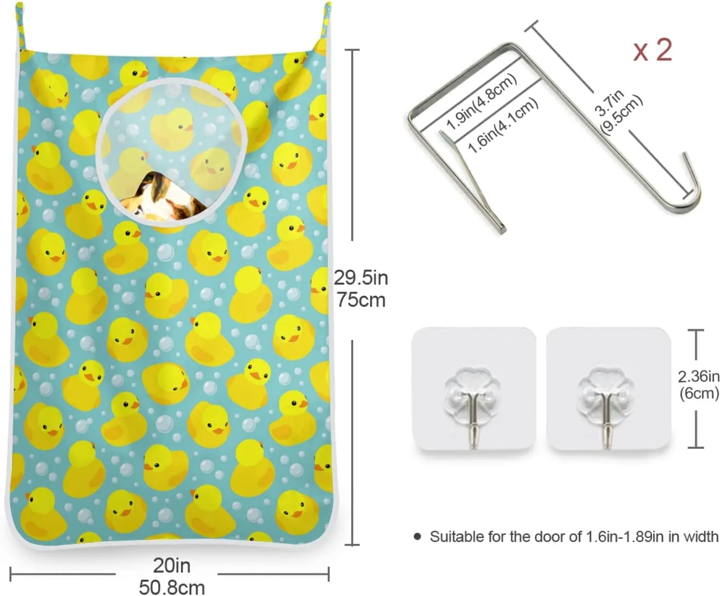 Seamless Pattern with Yellow Rubber Ducks Bubbles Hanging Laundry Hamper Bag, Dirty Clothes Bag over the Door, Wall Cloth Basket with Hooks Storage Closet for Bathroom Bedroom