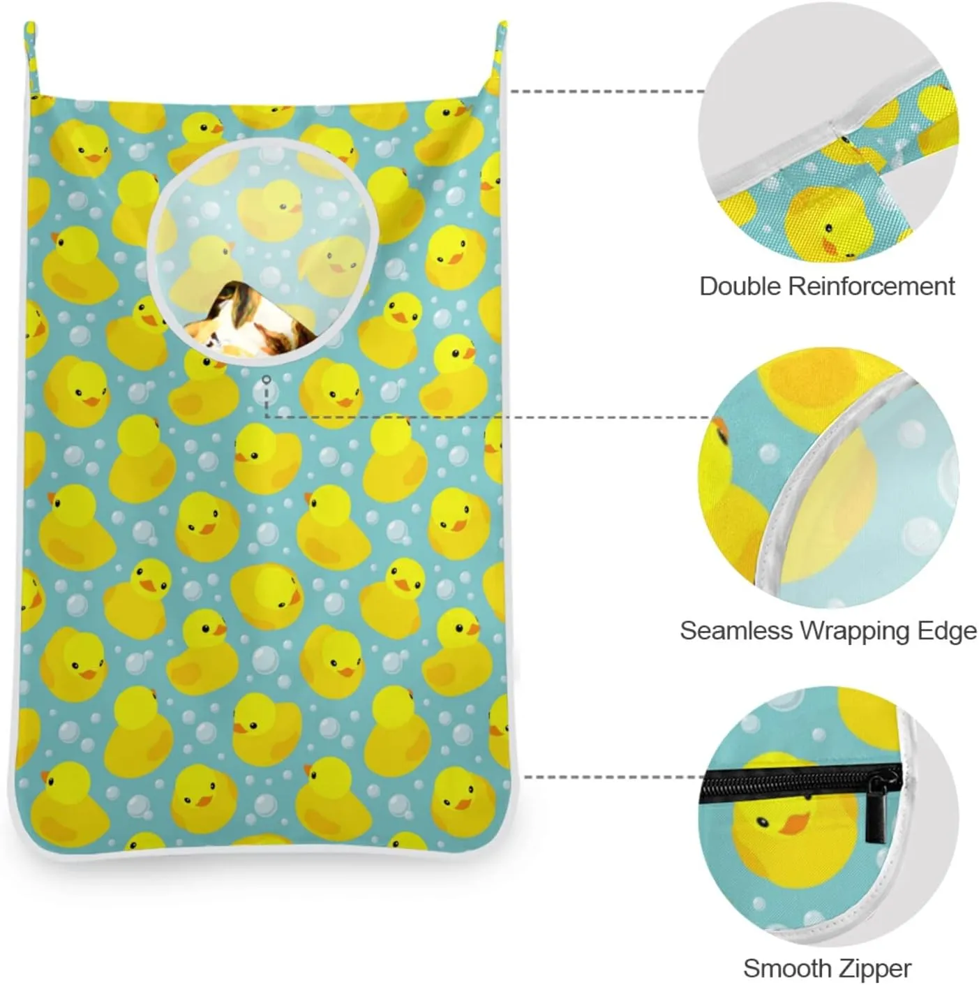 Seamless Pattern with Yellow Rubber Ducks Bubbles Hanging Laundry Hamper Bag, Dirty Clothes Bag over the Door, Wall Cloth Basket with Hooks Storage Closet for Bathroom Bedroom