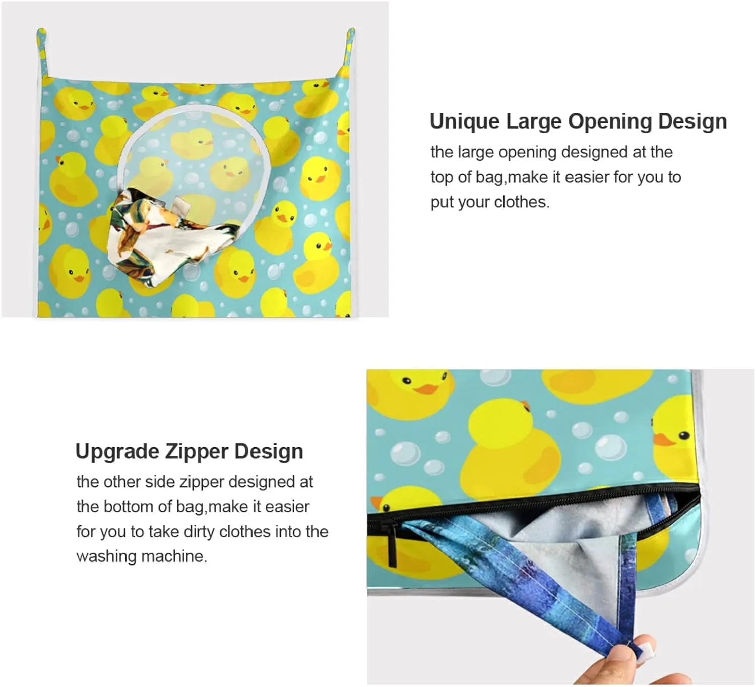 Seamless Pattern with Yellow Rubber Ducks Bubbles Hanging Laundry Hamper Bag, Dirty Clothes Bag over the Door, Wall Cloth Basket with Hooks Storage Closet for Bathroom Bedroom