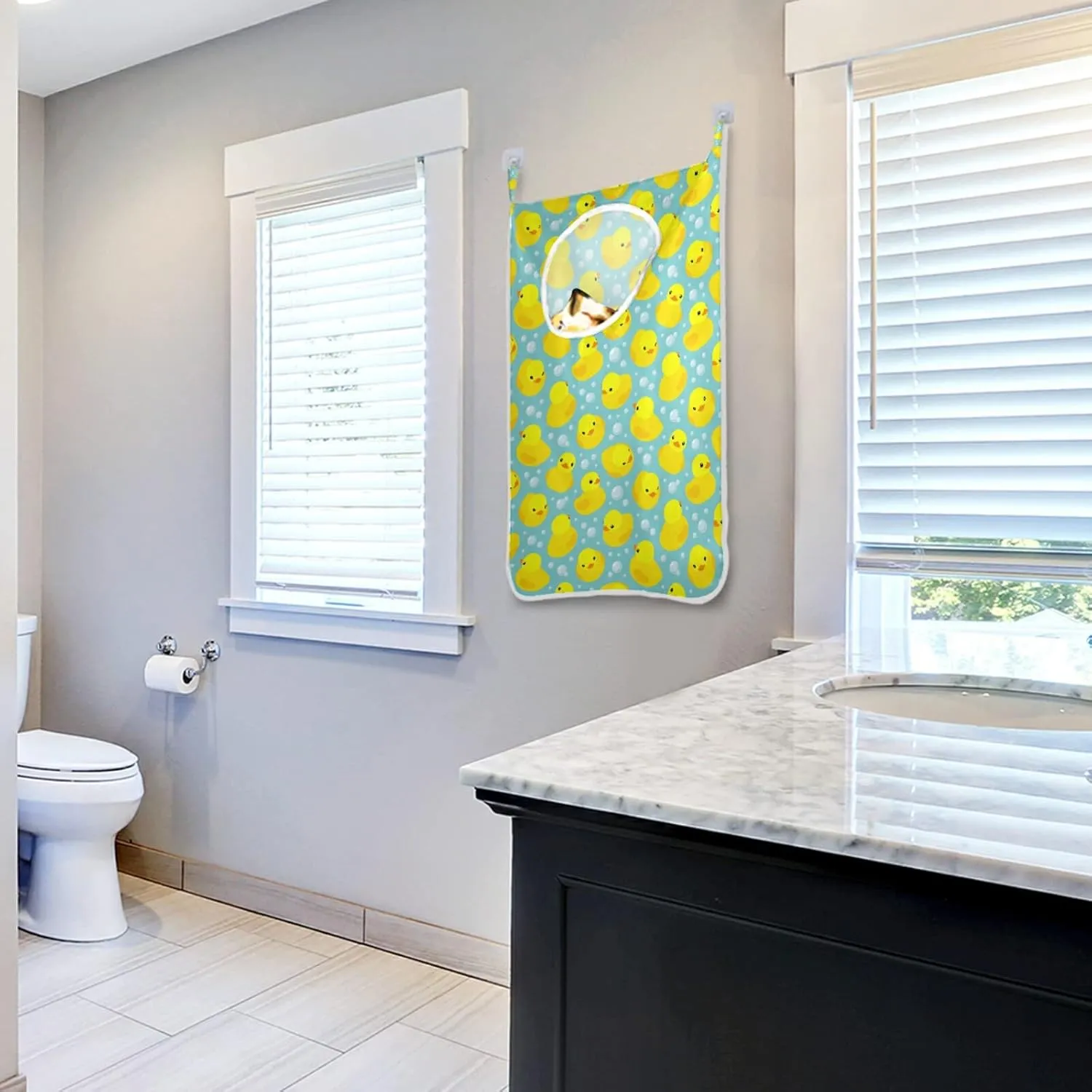 Seamless Pattern with Yellow Rubber Ducks Bubbles Hanging Laundry Hamper Bag, Dirty Clothes Bag over the Door, Wall Cloth Basket with Hooks Storage Closet for Bathroom Bedroom