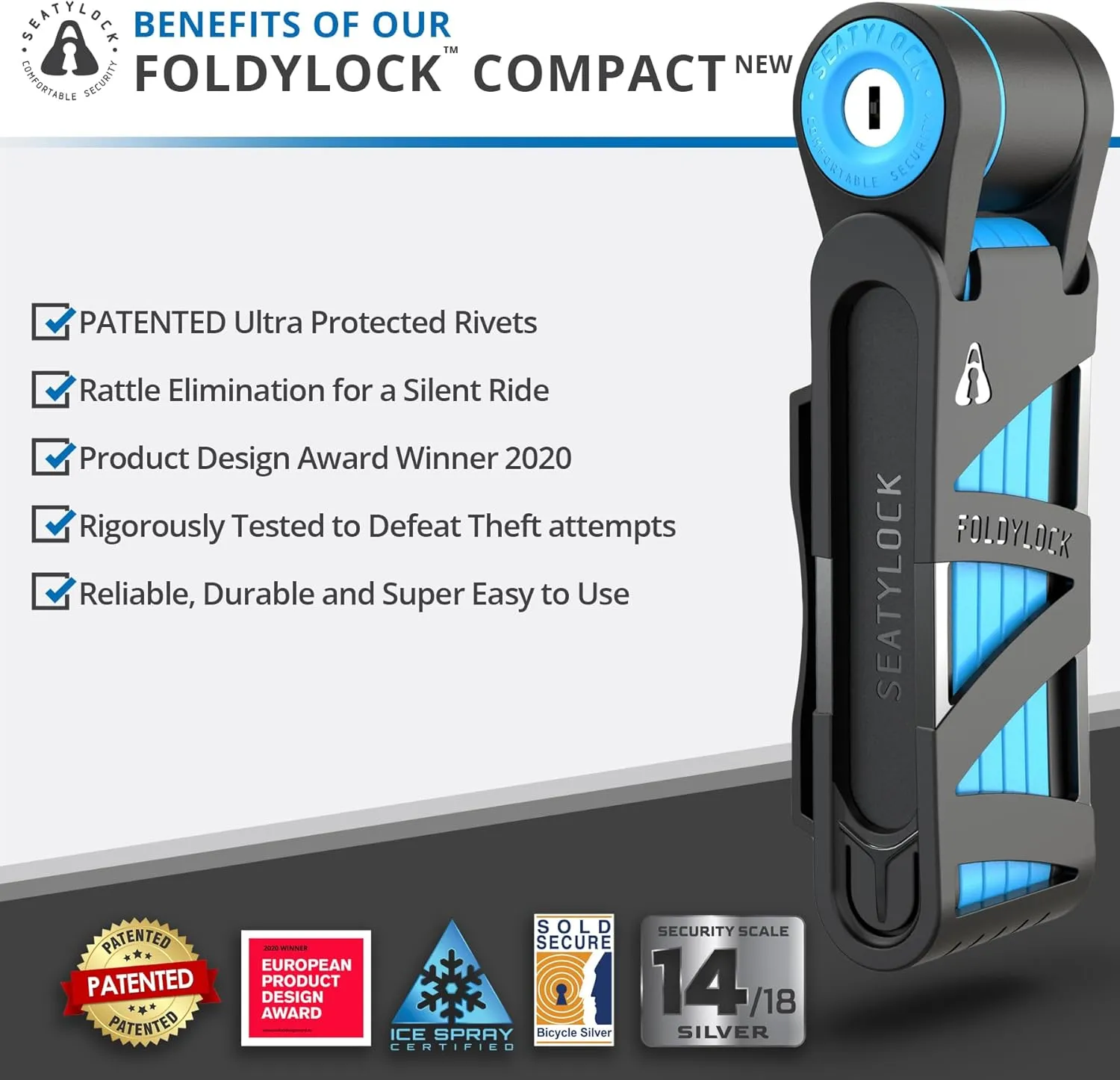 Seatylock FoldyLock Compact Folding Bike Lock - Award Winning Patented Lightweight High Security Bicycle Lock - Heavy Duty Anti Theft Smart Secure Guard with Keys & Case for Bikes or Scooters