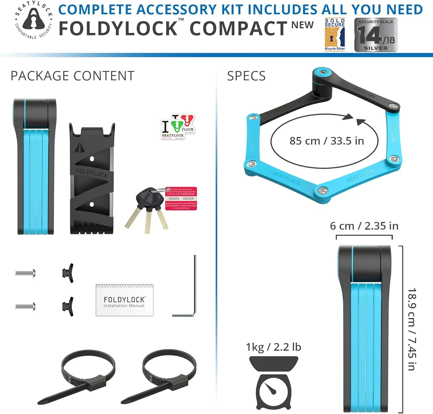 Seatylock FoldyLock Compact Folding Bike Lock - Award Winning Patented Lightweight High Security Bicycle Lock - Heavy Duty Anti Theft Smart Secure Guard with Keys & Case for Bikes or Scooters