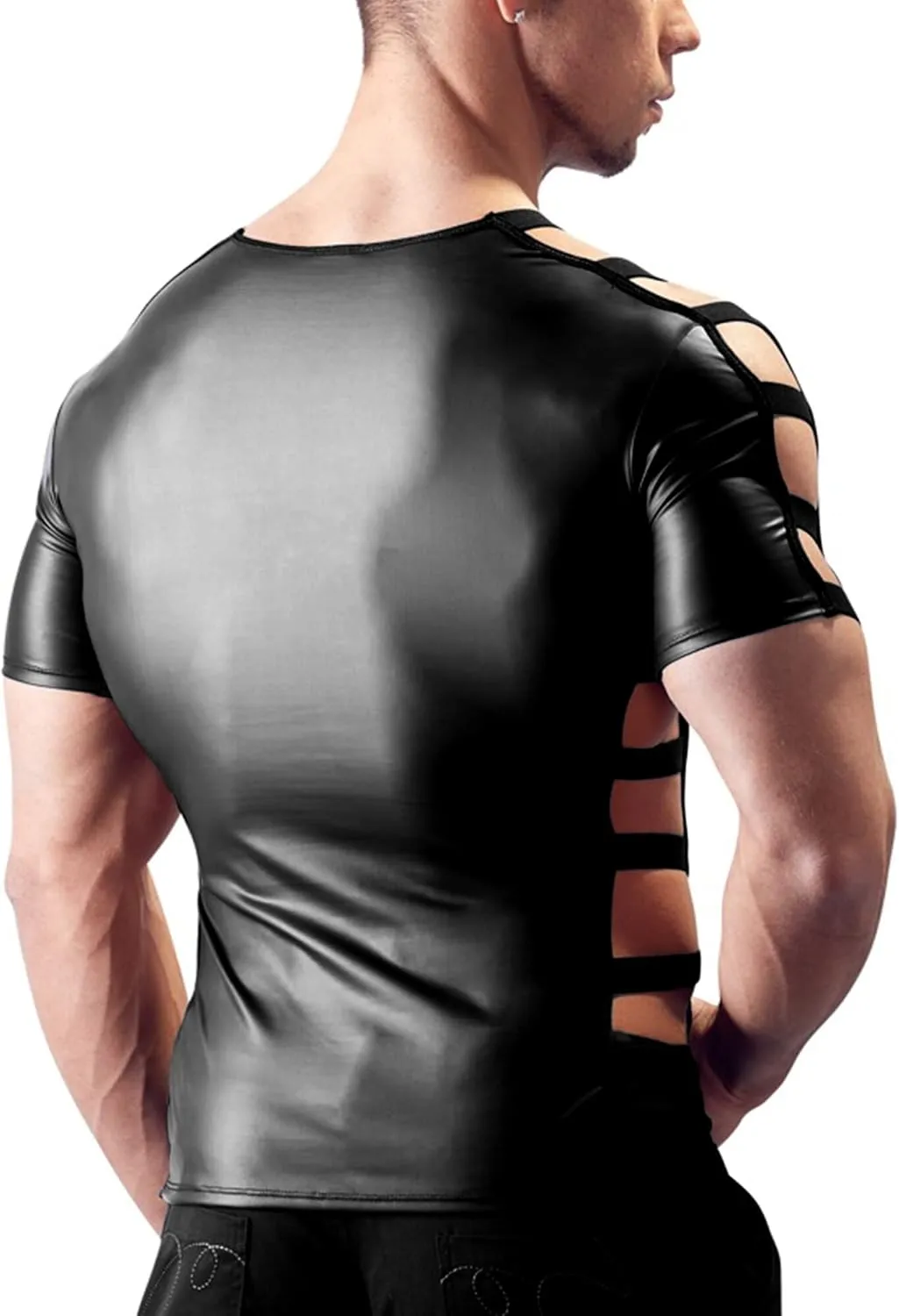 SEAUR Men's Shiny Patent Leather Jacket Casual Slim Fit Leather Muscle Tank Top T-Shirts Nightclub Party Clubwear
