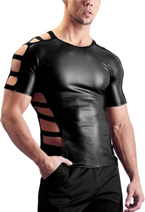 SEAUR Men's Shiny Patent Leather Jacket Casual Slim Fit Leather Muscle Tank Top T-Shirts Nightclub Party Clubwear