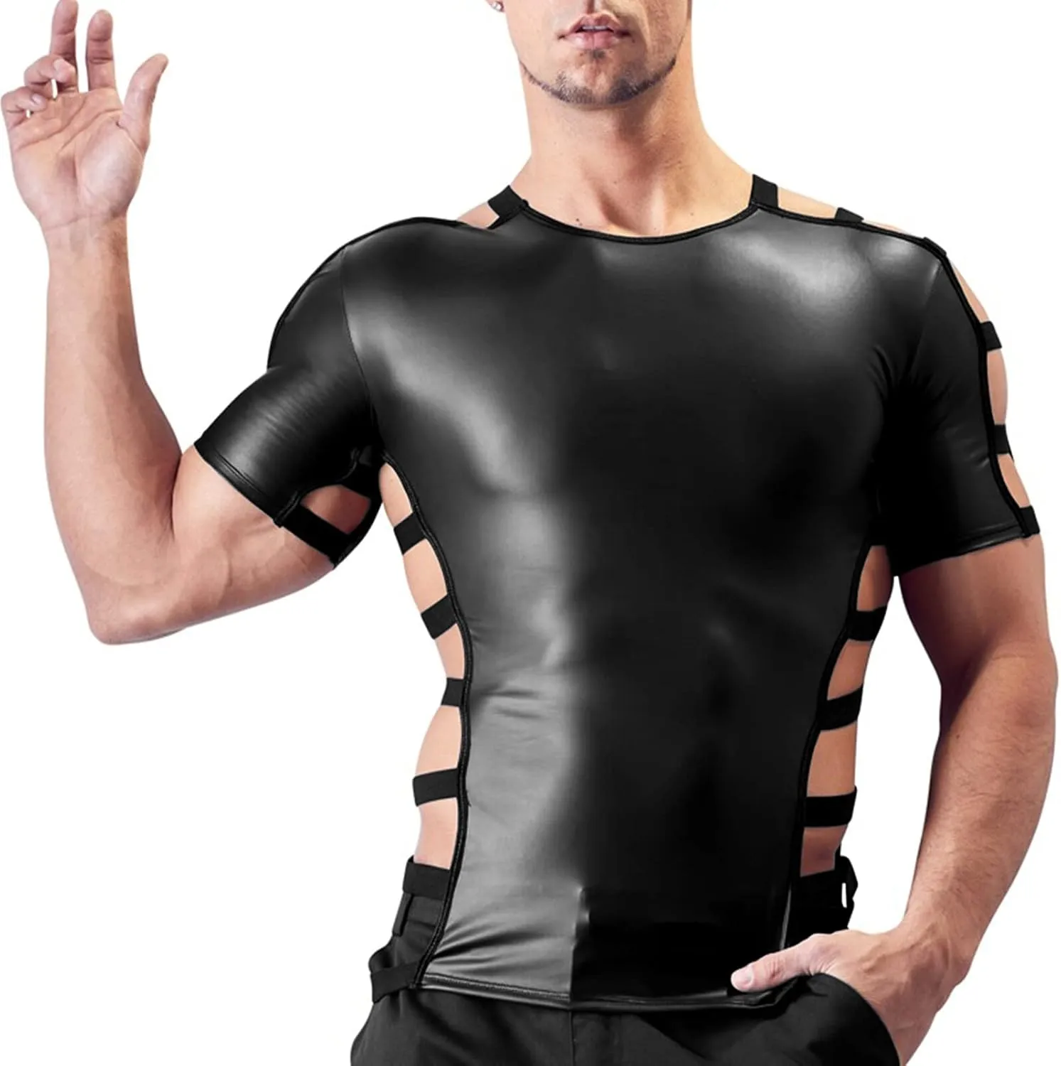 SEAUR Men's Shiny Patent Leather Jacket Casual Slim Fit Leather Muscle Tank Top T-Shirts Nightclub Party Clubwear