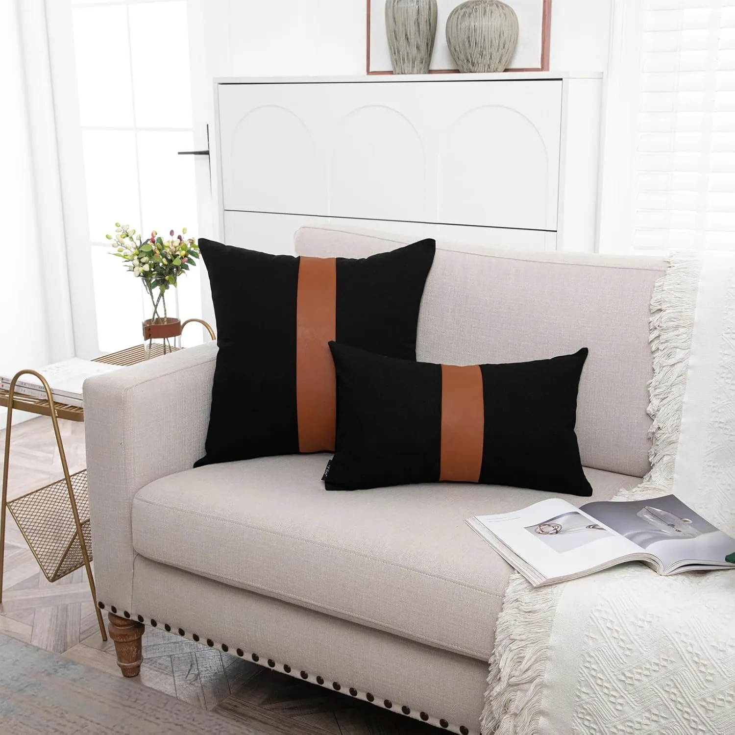 Set of 2 Black Decorative Throw Pillow Cover 12x20 Lumbar Accent Cushion Covers Farmhouse Rustic Pillow Case Modern Leather Pillow Cover for Sofa Couch Chair Bedroom Boho Decor