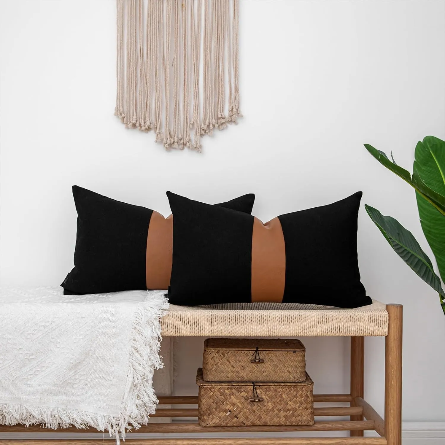 Set of 2 Black Decorative Throw Pillow Cover 12x20 Lumbar Accent Cushion Covers Farmhouse Rustic Pillow Case Modern Leather Pillow Cover for Sofa Couch Chair Bedroom Boho Decor
