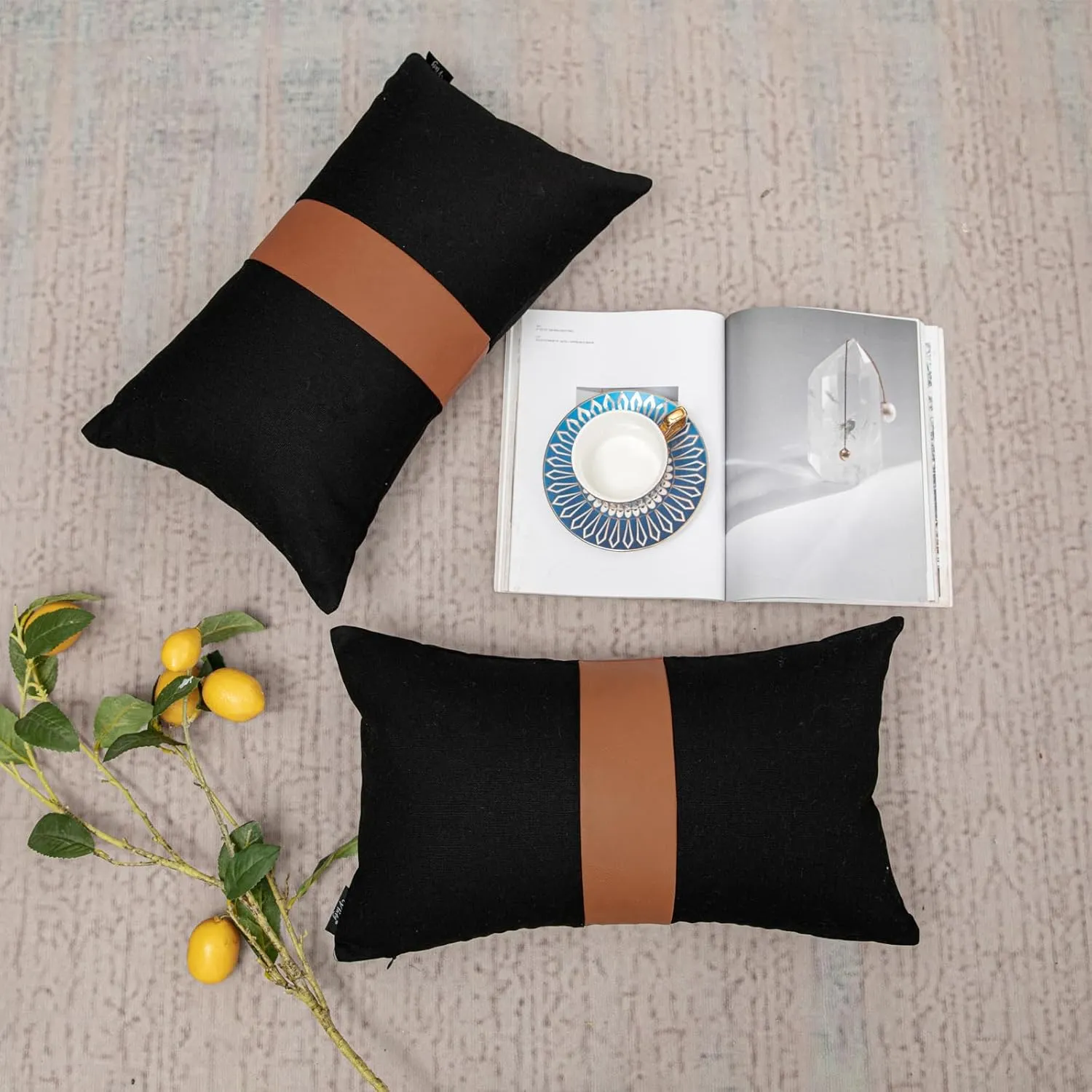 Set of 2 Black Decorative Throw Pillow Cover 12x20 Lumbar Accent Cushion Covers Farmhouse Rustic Pillow Case Modern Leather Pillow Cover for Sofa Couch Chair Bedroom Boho Decor