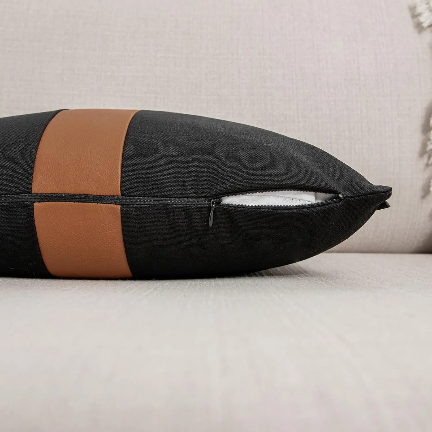 Set of 2 Black Decorative Throw Pillow Cover 12x20 Lumbar Accent Cushion Covers Farmhouse Rustic Pillow Case Modern Leather Pillow Cover for Sofa Couch Chair Bedroom Boho Decor