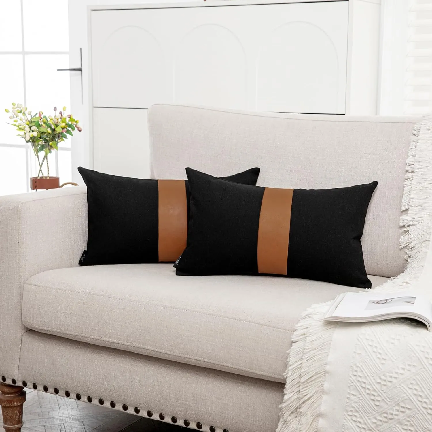Set of 2 Black Decorative Throw Pillow Cover 12x20 Lumbar Accent Cushion Covers Farmhouse Rustic Pillow Case Modern Leather Pillow Cover for Sofa Couch Chair Bedroom Boho Decor