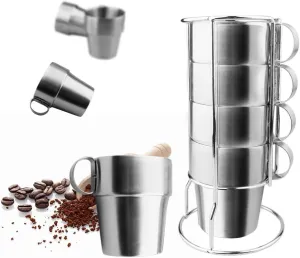 Set of 4 Stainless Steel Coffee Cups Double-layer Insulated coffee Mugs with A Stand and A Bag