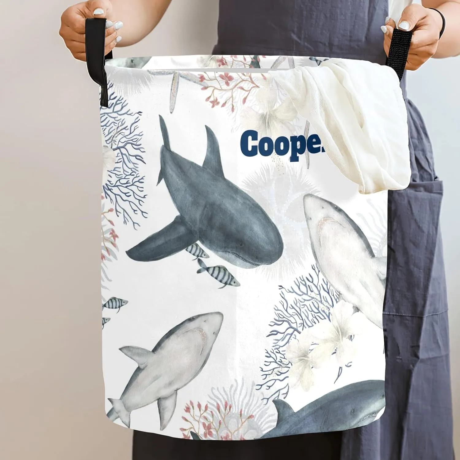 Shark Coral Sea star Flowers Personalized Waterproof Foldable Laundry Basket Bag with Handle, Custom Collapsible Clothes Hamper Storage Bin for Toys Laundry Dorm Travel Bathroom