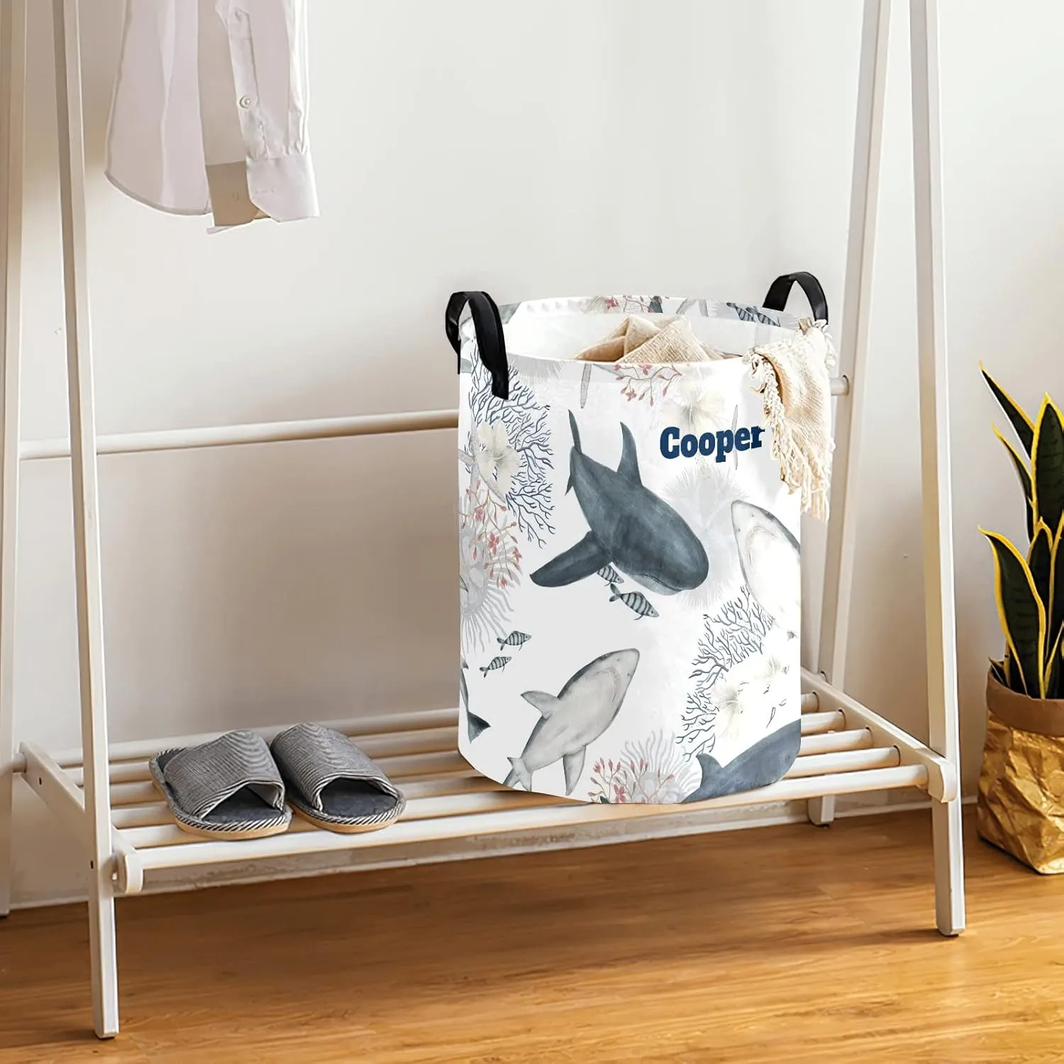 Shark Coral Sea star Flowers Personalized Waterproof Foldable Laundry Basket Bag with Handle, Custom Collapsible Clothes Hamper Storage Bin for Toys Laundry Dorm Travel Bathroom