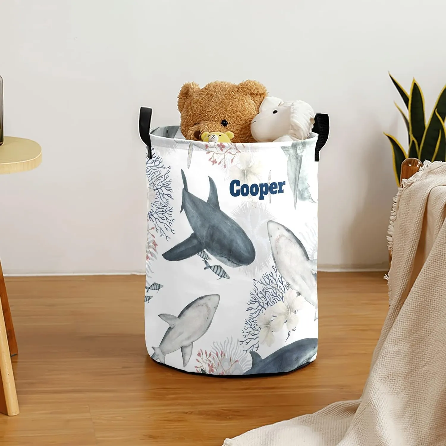 Shark Coral Sea star Flowers Personalized Waterproof Foldable Laundry Basket Bag with Handle, Custom Collapsible Clothes Hamper Storage Bin for Toys Laundry Dorm Travel Bathroom