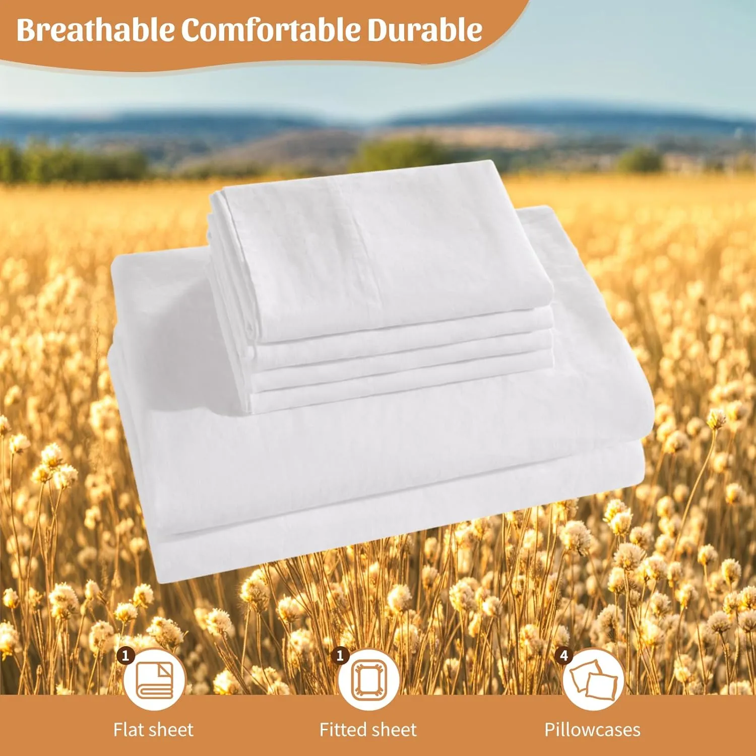 Shilucheng 100% French Linen Sheets - King Size Bed Sheets, Breathable & Cooling Pure Linen Sheets,Soft Durable and Tear Resistant -16 Inch Deep Pocket - 6Pcs (White, King)