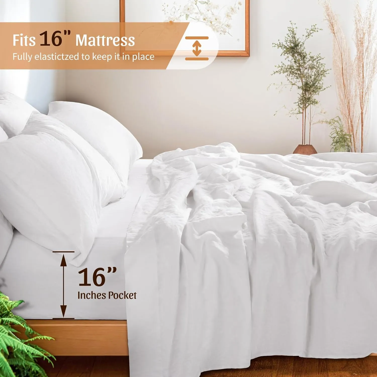Shilucheng 100% French Linen Sheets - King Size Bed Sheets, Breathable & Cooling Pure Linen Sheets,Soft Durable and Tear Resistant -16 Inch Deep Pocket - 6Pcs (White, King)
