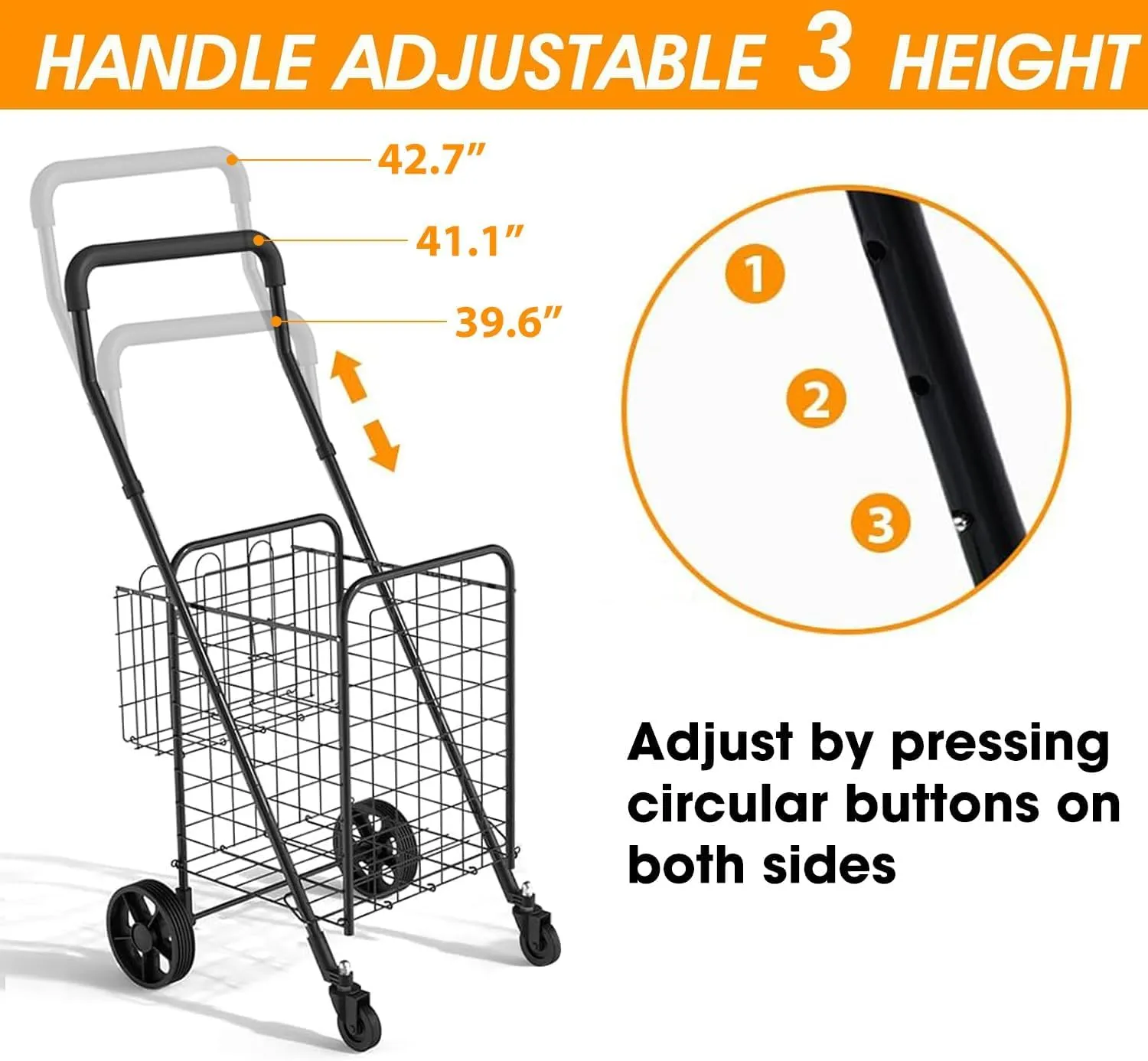 Shopping Cart for Groceries, Height Adjustable Folding Utility Cart with Double Baskets, Extended Foam Cover 360° Swivel Wheels Trolley for Groceries, Laundry, Travel (Medium)
