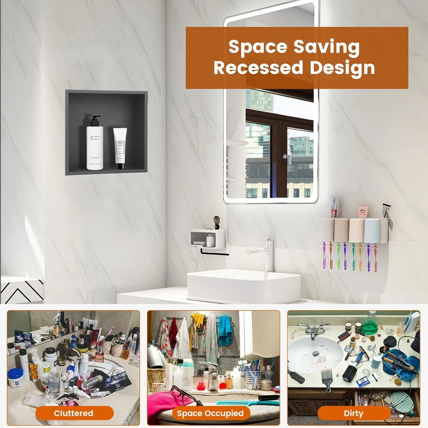 Shower Niche, 13×13 Inch Shower Niche, Waterproof Recessed Wall Mounted Shower Shelf, No Tile Needed Recessed Niche for Bathroom Kitchen Bedroom Insert Storage, Grey