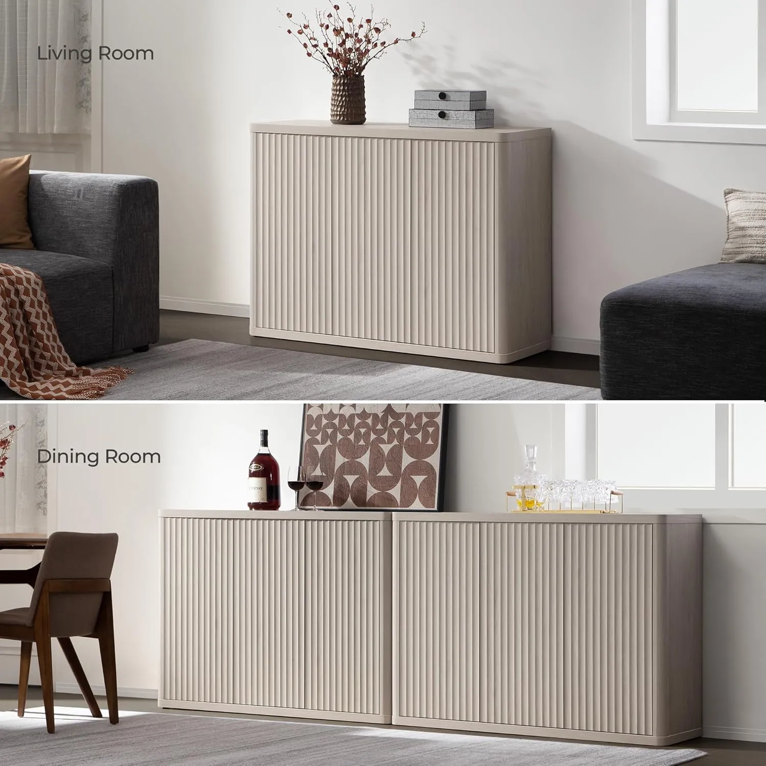 SICOTAS Buffet Cabinet with Storage Accent Sideboard with 3 Doors Modern 46.6" Wide Credenza Fluted Buffet Table Media Console Cabinet Entryway Cabinets for Living Room Kitchen Dining Room Hallway