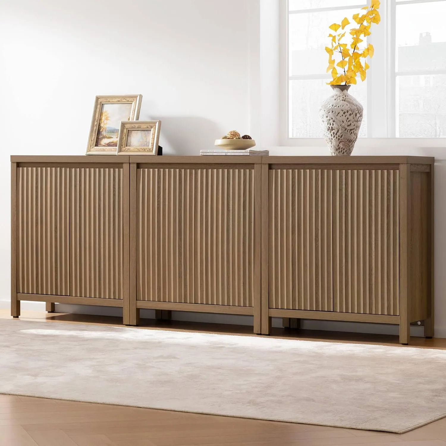SICOTAS Sideboard Buffet Cabinet with Storage, Fluted Credenza Console Cabinet with Adjustable Shelves, Farmhouse Coffee Bar Storage Cabinets for Kitchen, Living Room, Entryway, Caramel Oak, 2 PCS