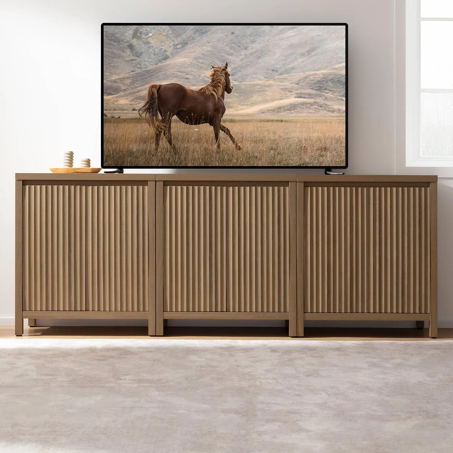 SICOTAS Sideboard Buffet Cabinet with Storage, Fluted Credenza Console Cabinet with Adjustable Shelves, Farmhouse Coffee Bar Storage Cabinets for Kitchen, Living Room, Entryway, Caramel Oak, 2 PCS