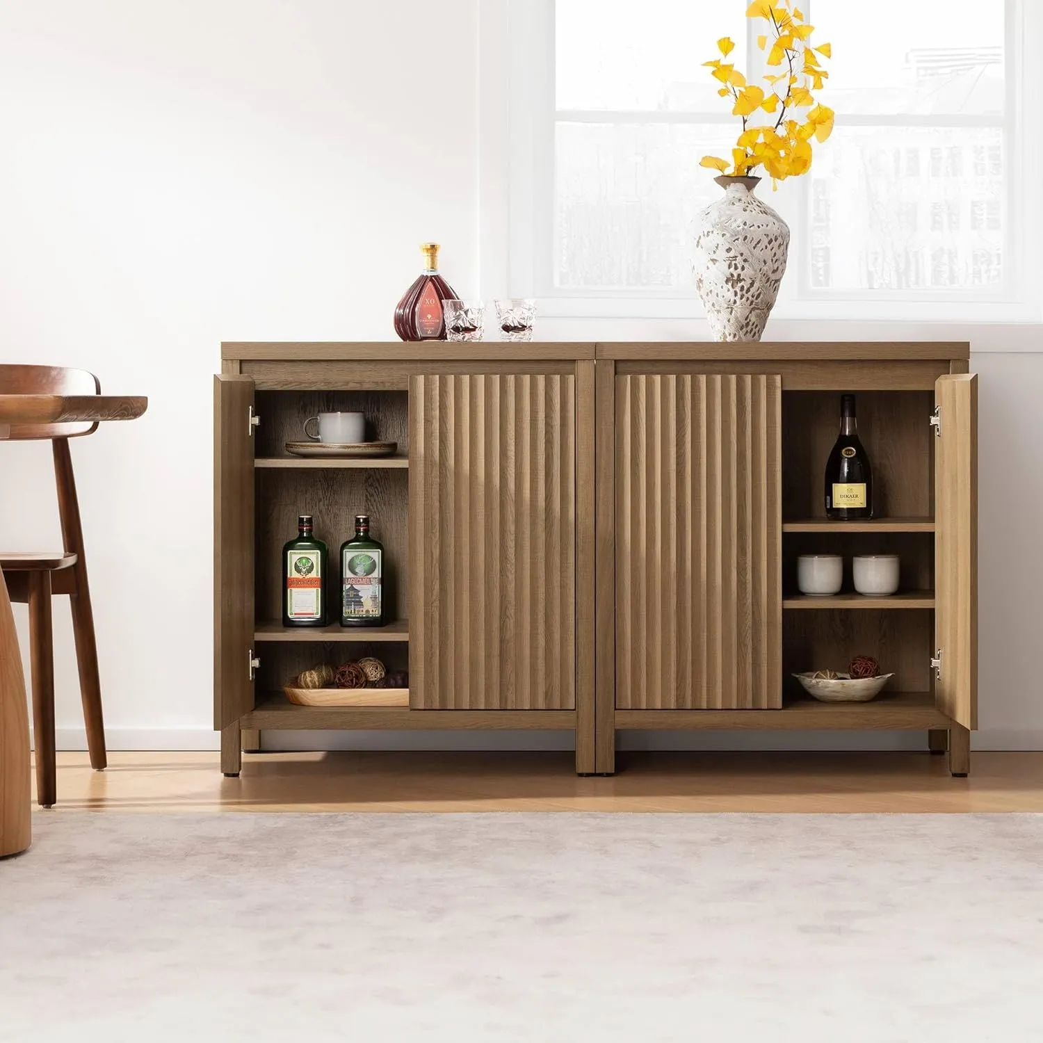SICOTAS Sideboard Buffet Cabinet with Storage, Fluted Credenza Console Cabinet with Adjustable Shelves, Farmhouse Coffee Bar Storage Cabinets for Kitchen, Living Room, Entryway, Caramel Oak, 2 PCS