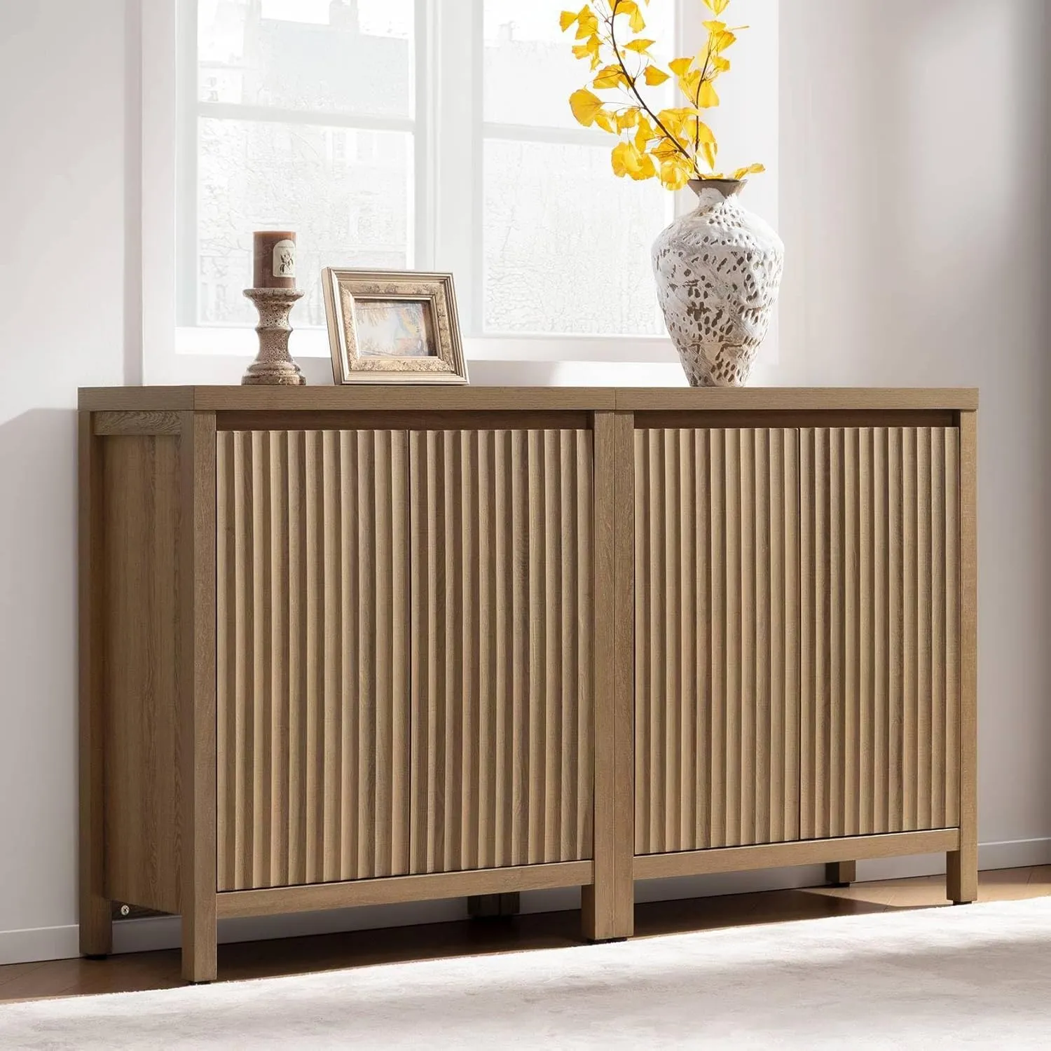 SICOTAS Sideboard Buffet Cabinet with Storage, Fluted Credenza Console Cabinet with Adjustable Shelves, Farmhouse Coffee Bar Storage Cabinets for Kitchen, Living Room, Entryway, Caramel Oak, 2 PCS
