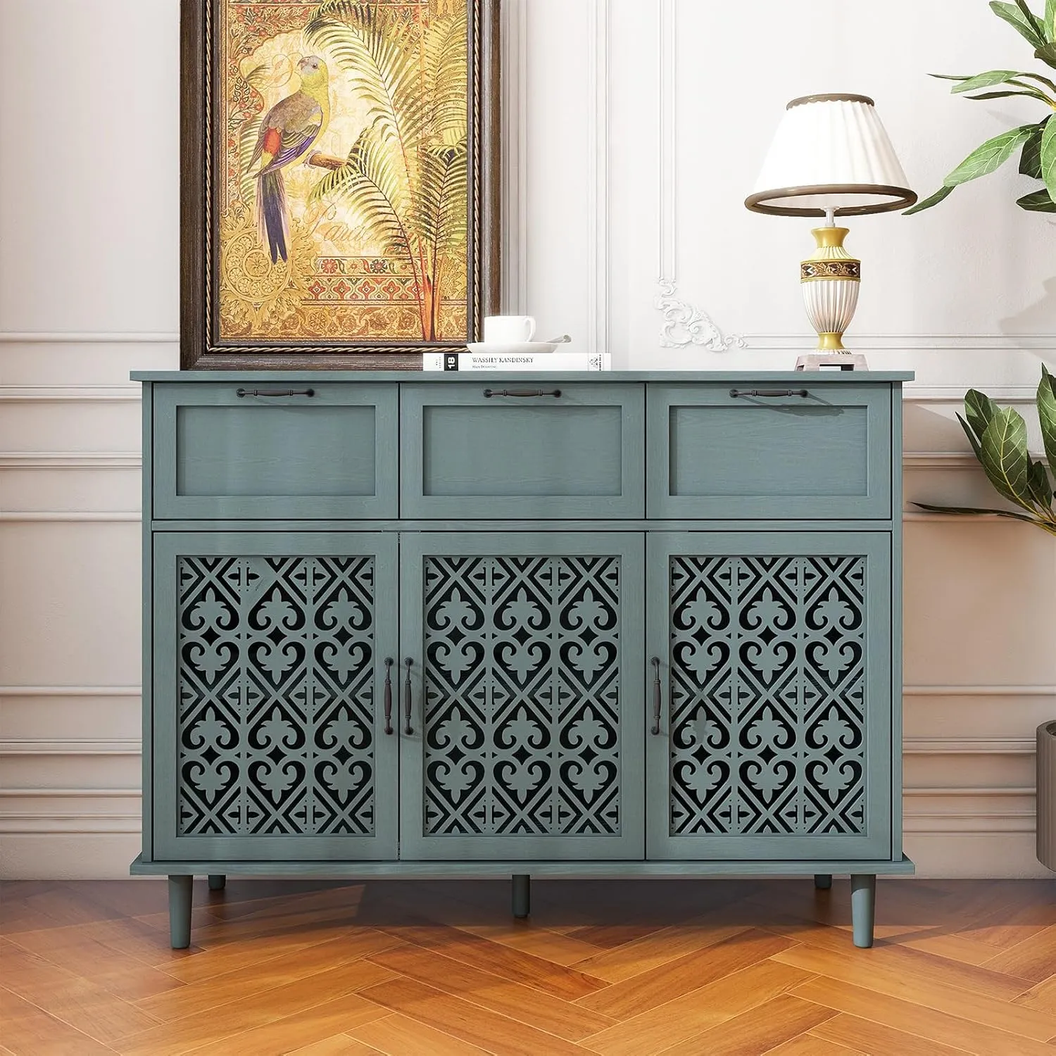 Sideboard Buffet Cabinet with Storage - Accent Storage Cabinet with Carved Pattern, Modern 3 Door 3 Drawer Cabinet, Farmhouse Wood Credenza for Living Room, Dining Room (Green)