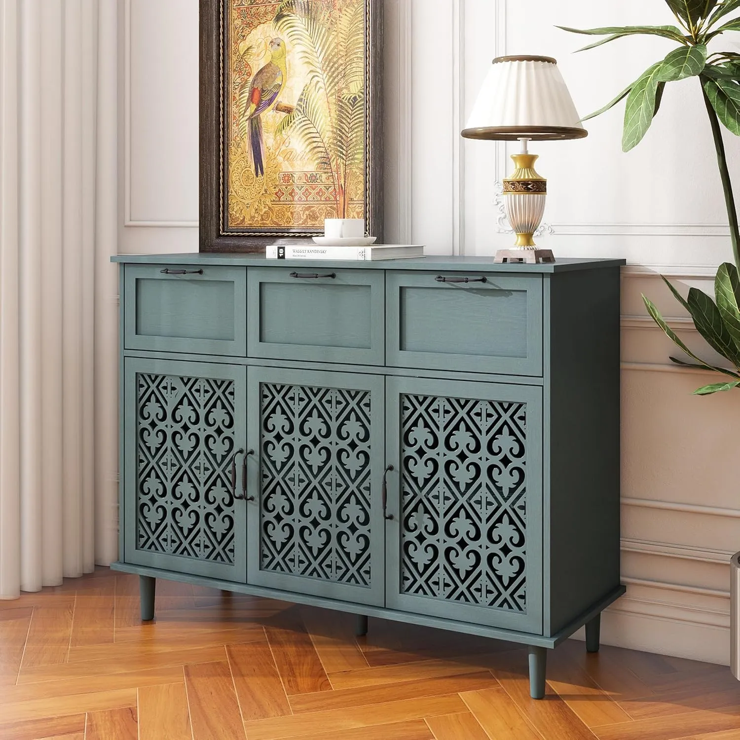 Sideboard Buffet Cabinet with Storage - Accent Storage Cabinet with Carved Pattern, Modern 3 Door 3 Drawer Cabinet, Farmhouse Wood Credenza for Living Room, Dining Room (Green)