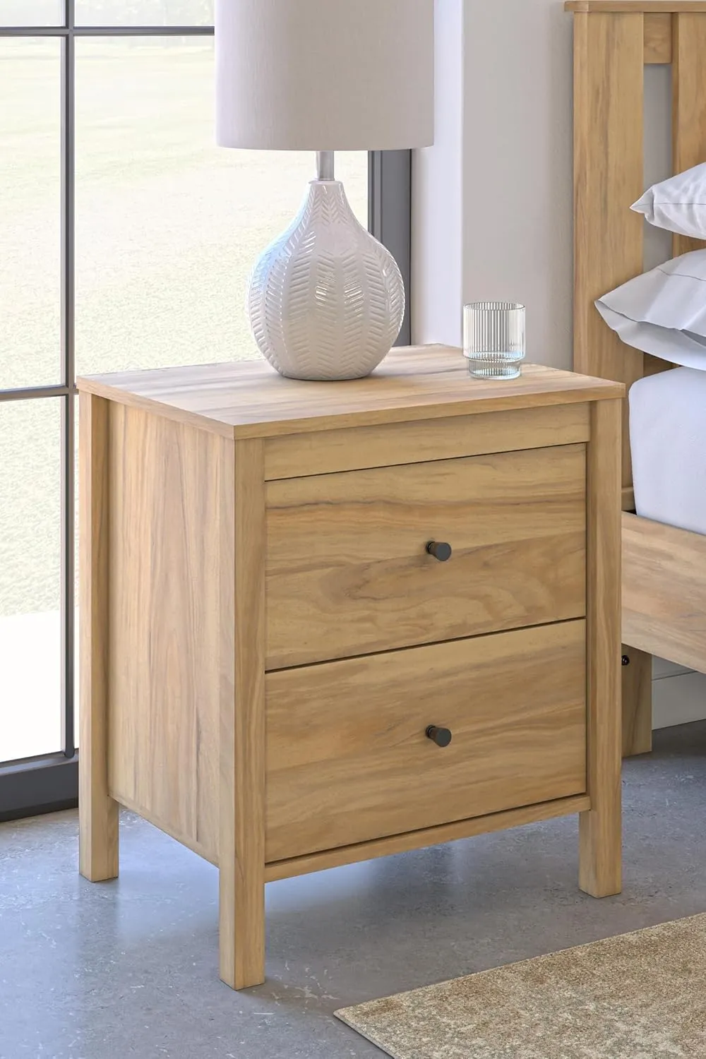 Signature Design by Ashley Bermacy Casual 2-Drawer Nightstand with Straight Legs, 24.37" Tall, Light Brown