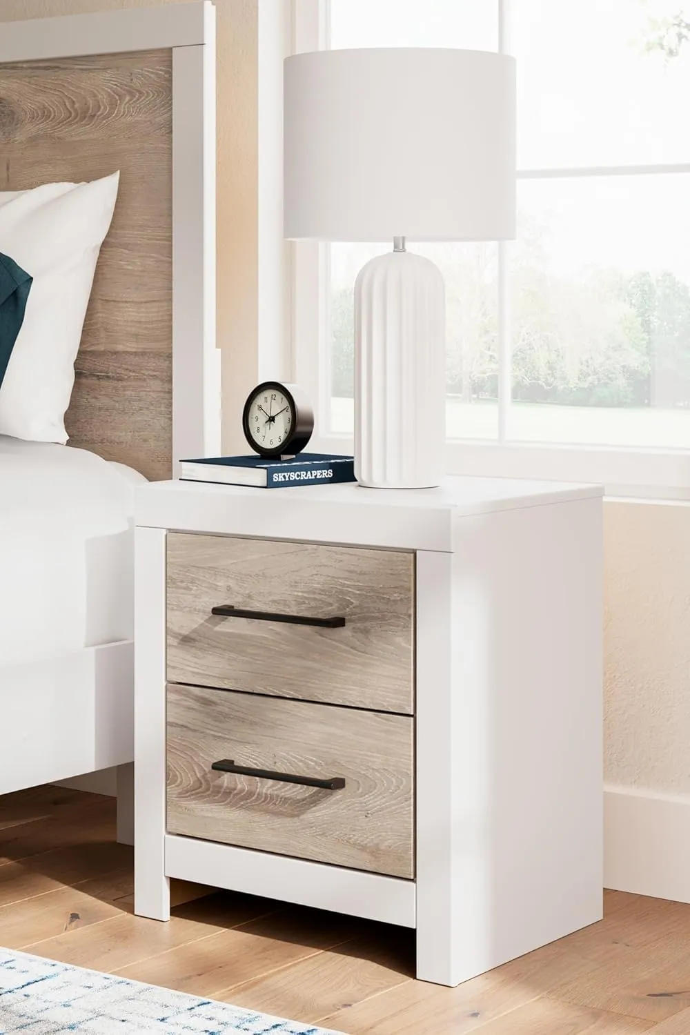 Signature Design by Ashley Charbitt Casual 2 Drawer Nightstand with USB Ports, 24.37" Tall, White & Light Brown