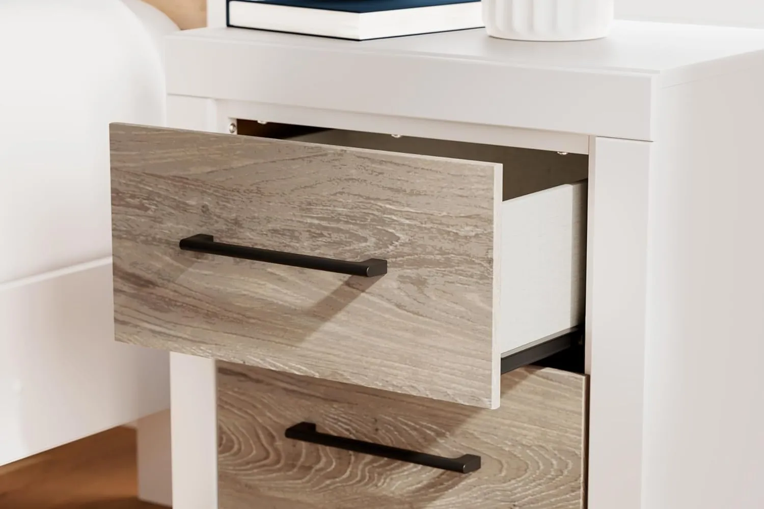 Signature Design by Ashley Charbitt Casual 2 Drawer Nightstand with USB Ports, 24.37" Tall, White & Light Brown