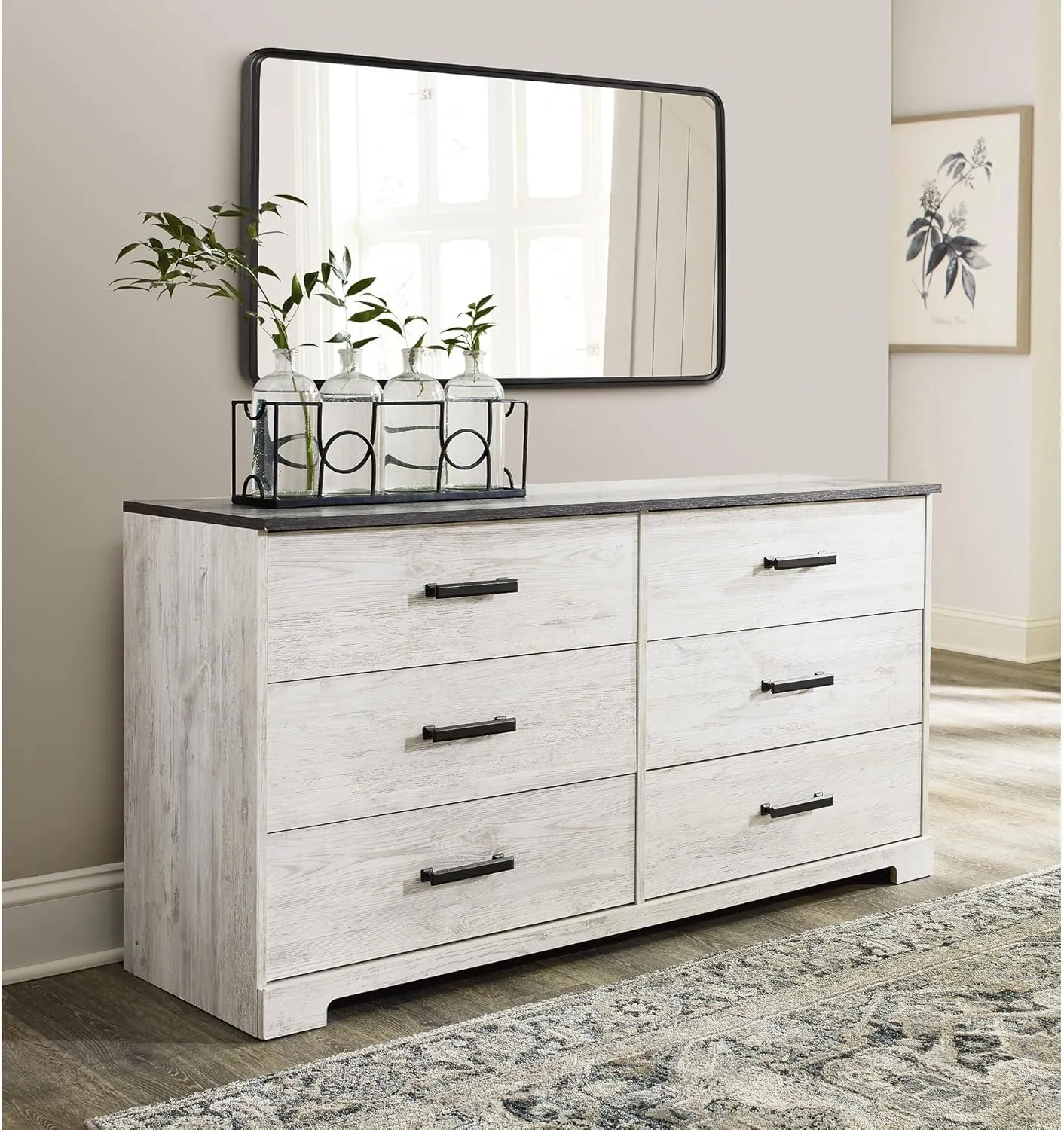 Signature Design by Ashley Shawburn Modern Farmhouse 6 Drawer Dresser, Two Tone White & Dark Gray